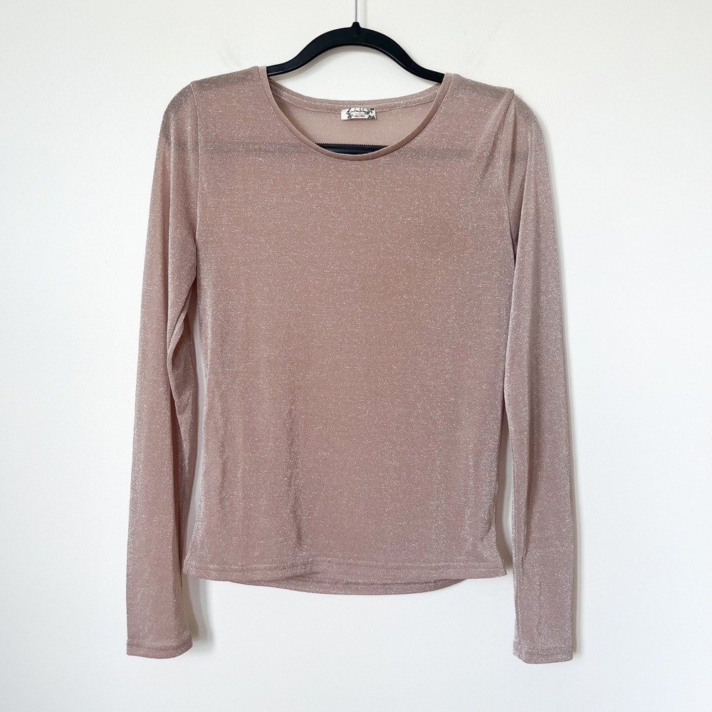 Intimately Free People Shimmer‎ Sheer Long Sleeve Top Pink Metallic Womens Large